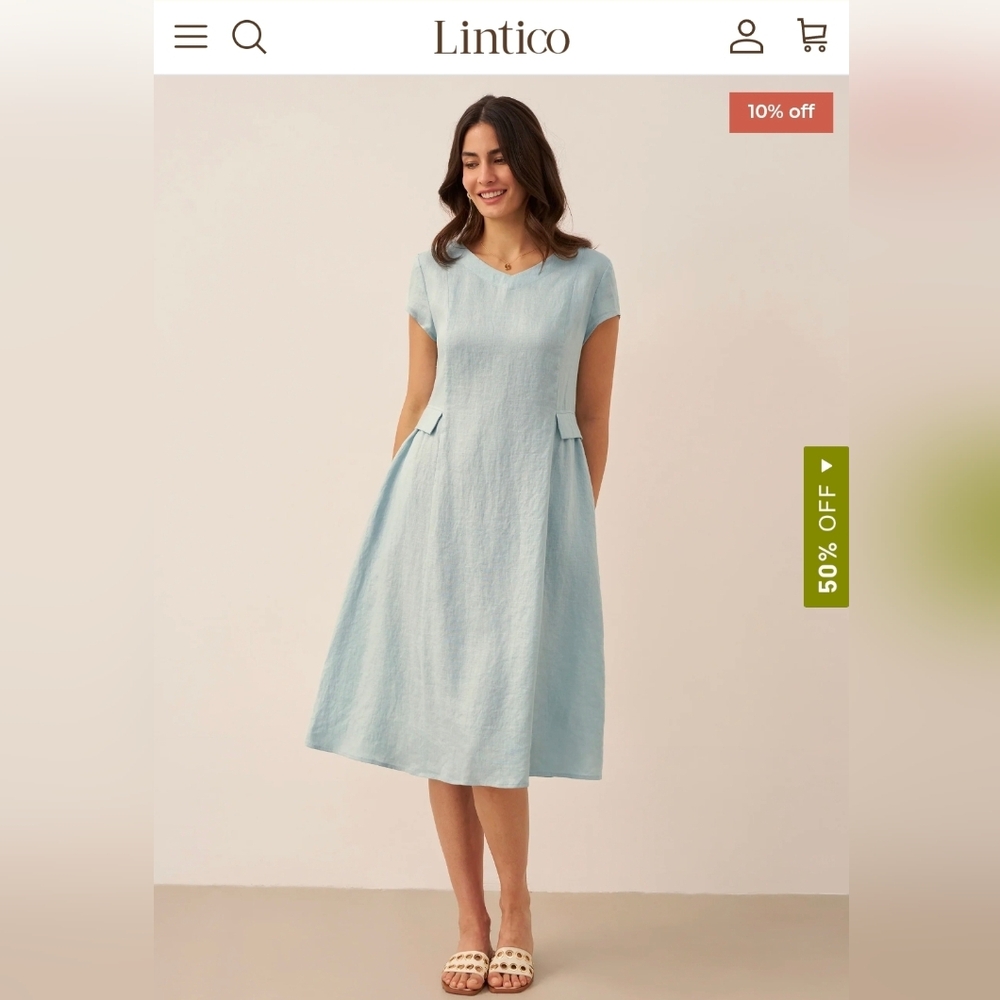 Lintico Auqa Blue V-Neck Linen Midi Dress with Cap Sleeves - Size L